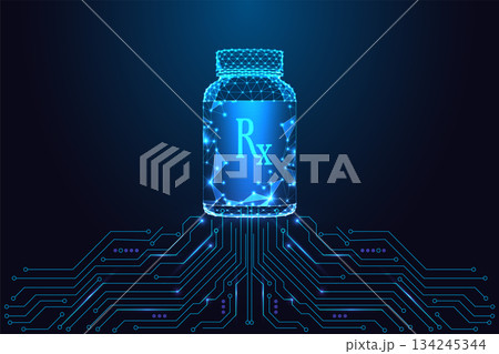 Digital glowing RX medicine bottle on circuit board, futuristic pharmacy tech vector illustration Digital glowing RX medicine bottle on circuit board, futuristic pharmacy tech vector illustration 134245344