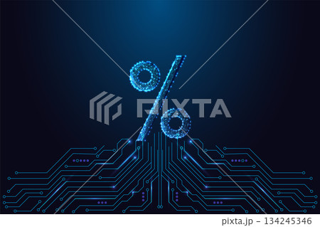Glowing digital percent symbol rising from circuitry, fintech analytics tech vector illustration 134245346