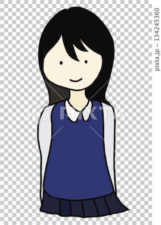 Illustration of a woman with long black hair, a navy blue vest, a white shirt, and a navy blue skirt, facing forward 134245360