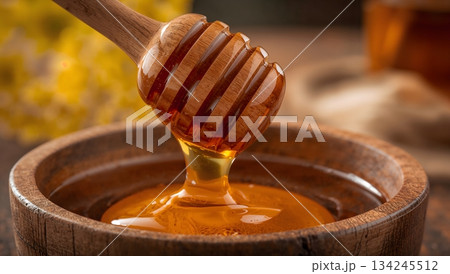 木製ディッパーから垂れる濃厚な蜂蜜 美容と健康のイメージ素材 木製ディッパーから垂れる濃厚な蜂蜜 美容と健康のイメージ素材 134245512