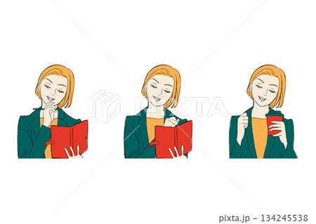 伏し目がちな女性・スケジュール帳に書き込む女性・ドリンクを飲む女性 伏し目がちな女性・スケジュール帳に書き込む女性・ドリンクを飲む女性 134245538