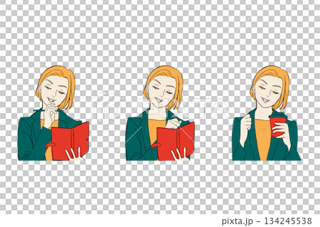 伏し目がちな女性・スケジュール帳に書き込む女性・ドリンクを飲む女性 伏し目がちな女性・スケジュール帳に書き込む女性・ドリンクを飲む女性 134245538