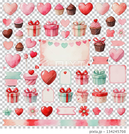 Watercolor Valentine's Day gift and heart material set 134245708
