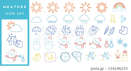 かわいい天気アイコン素材セット かわいい天気アイコン素材セット 134246233