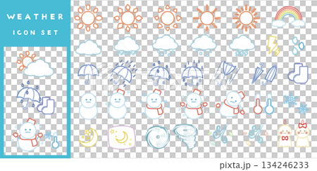 かわいい天気アイコン素材セット かわいい天気アイコン素材セット 134246233