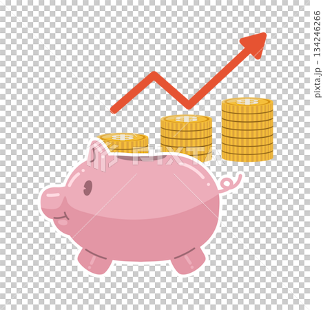 一幅可愛的存錢筒插圖，裡面裝著越來越多、印有美元符號的硬幣。 134246266