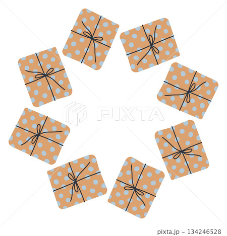 Vector illustration of a circular frame made of gift boxes wrapped with ribbons. A festive and cozy holiday border perfect for Christmas cards, packaging, labels, and seasonal design projects 134246528