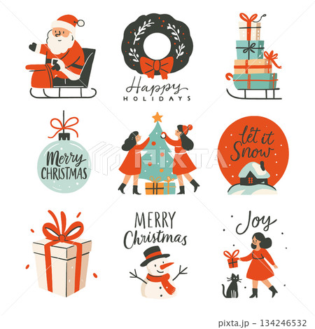 Merry Christmas wreath, tree, gifts and joyful winter scenes with Santa 134246532