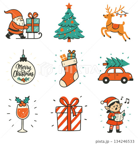 Santa pushing gifts sleigh, decorated tree, reindeer, ornament, stocking and festive icons Santa pushing gifts sleigh, decorated tree, reindeer, ornament, stocking and festive icons 134246533