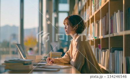 図書館で勉強する大人の女性 図書館で勉強する大人の女性 134246546