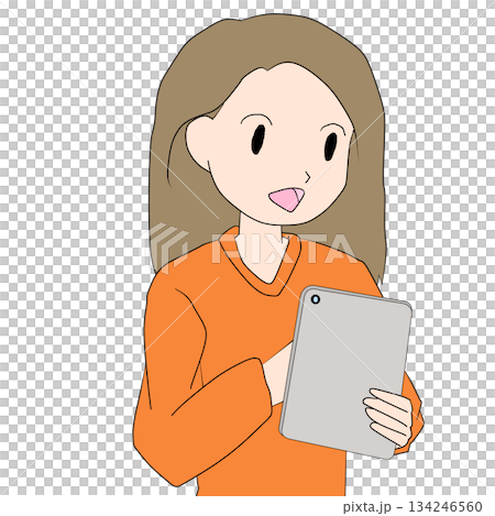 タブレット端末を操作する女性キャラクターのシンプルフラットイラスト タブレット端末を操作する女性キャラクターのシンプルフラットイラスト 134246560