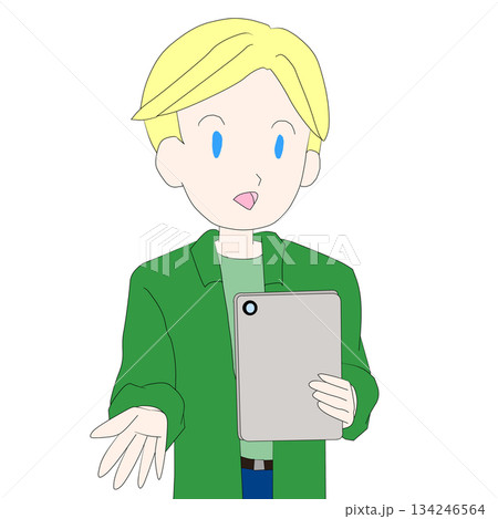 タブレットを使う若い男性キャラクターのシンプルなイラスト 134246564
