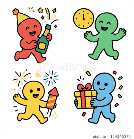 Party characters celebrating with champagne, clock, fireworks and gift in cheerful scene 134246576