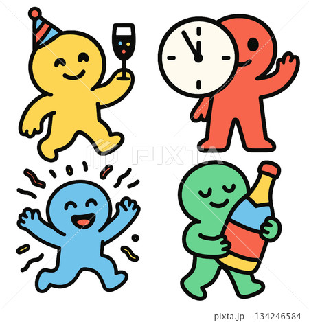 Party characters celebrating with clock and bottle Party characters celebrating with clock and bottle 134246584