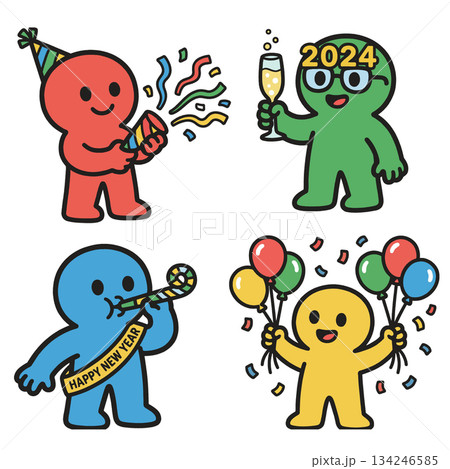 Happy colorful cartoon characters celebrating New Year with balloons confetti and cheers 134246585