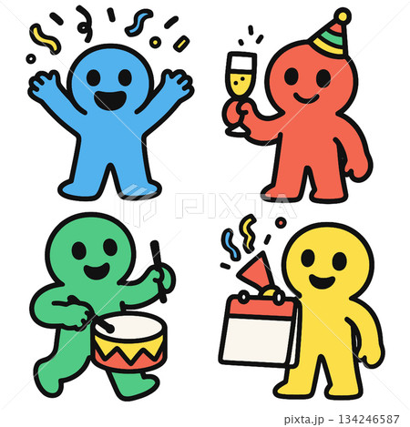 Happy colorful party characters celebrating with confetti and instruments 134246587