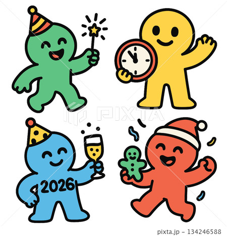 Party characters celebrating with clock and gingerbread cookie joyful festive scene 134246588