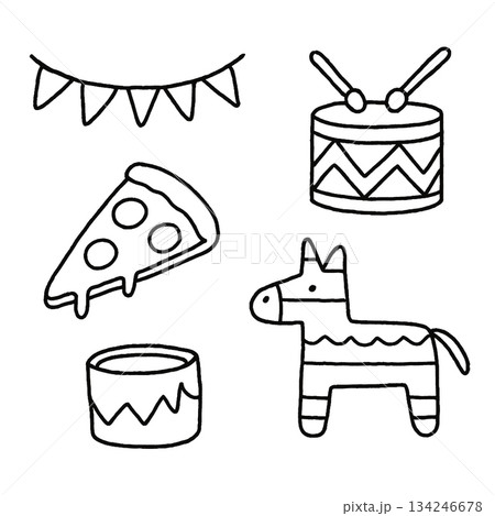 Party decoration, drum, pizza slice, pinata, and festive elements in black and white line art Party decoration, drum, pizza slice, pinata, and festive elements in black and white line art 134246678