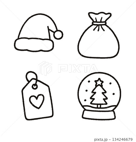 Santa hat, gift bag, heart tag, and snow globe with tree, festive holiday doodle, cheerful style 134246679