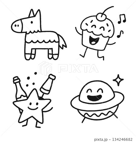 Pinata, cupcake, star, and UFO doodles with happy faces, party and celebration theme 134246682
