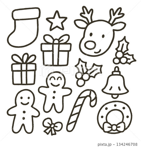 Christmas stocking star reindeer present holly gingerbread candy cane bell wreath 134246708