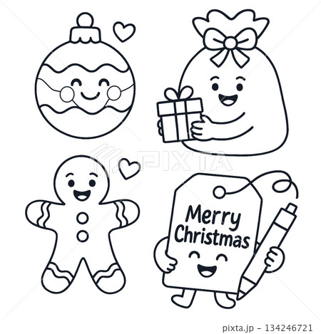 Christmas ornament, gift bag, gingerbread cookie, and festive tag with happy faces Christmas ornament, gift bag, gingerbread cookie, and festive tag with happy faces 134246721