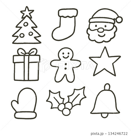 Christmas tree stocking Santa present gingerbread star mitten holly bell outline drawing 134246722