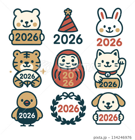 Cute New Year 2026 animal icons and festive symbols with cheerful style 134246976