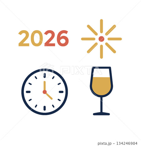 2026 new year celebration icons with clock, spark and wine glass, festive mood 2026 new year celebration icons with clock, spark and wine glass, festive mood 134246984