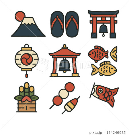 Mount Fuji, temple bell, lantern, fish, sandals, festive New Year icons 134246985