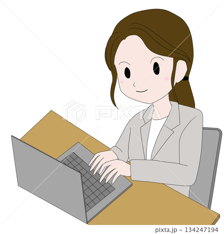 デスクでノートパソコンを使うビジネス女性・オフィスイラスト 134247194