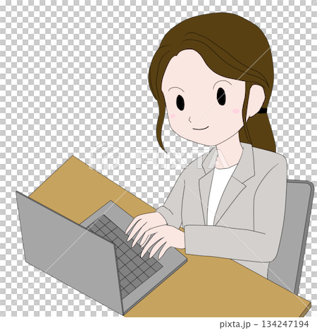 デスクでノートパソコンを使うビジネス女性・オフィスイラスト 134247194