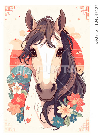 馬の手書き風年賀状イラスト 馬の手書き風年賀状イラスト 134247407
