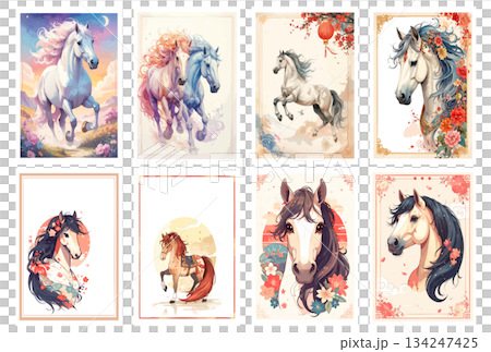 Horse hand-drawn New Year's card illustration set Horse hand-drawn New Year's card illustration set 134247425