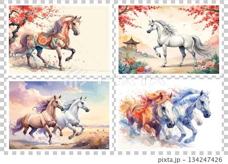 Horse hand-drawn New Year's card illustration set Horse hand-drawn New Year's card illustration set 134247426