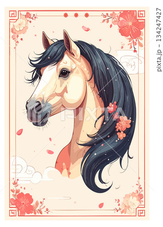 馬の手書き風年賀状イラストセット 馬の手書き風年賀状イラストセット 134247427