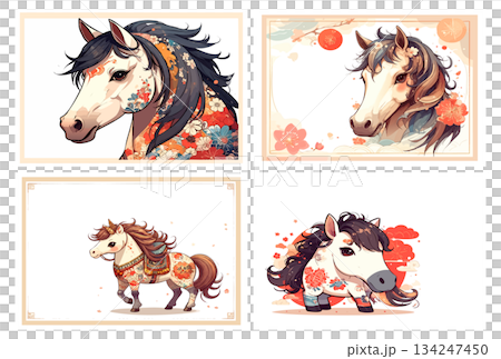 Horse hand-drawn New Year's card illustration set Horse hand-drawn New Year's card illustration set 134247450