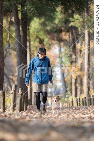 秋の公園で犬と散歩を楽しむ男性の笑顔とペットとの時間の全身 秋の公園で犬と散歩を楽しむ男性の笑顔とペットとの時間の全身 134247624