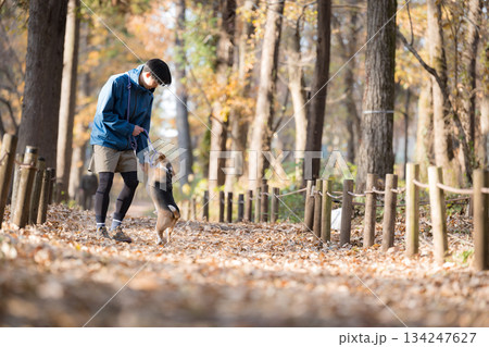 秋の公園で犬と散歩を楽しむ男性の笑顔とペットとの時間の全身	 134247627