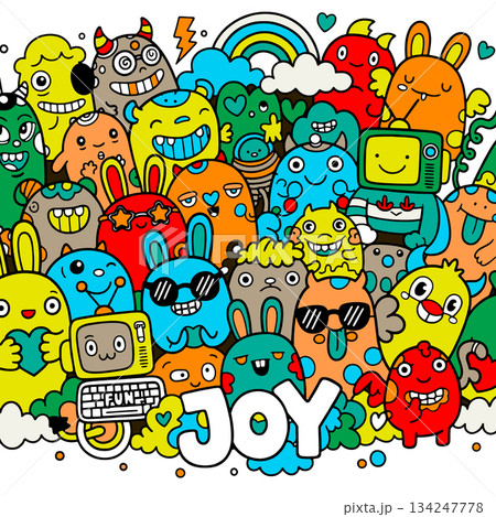 Joyful doodle art with colorful cartoon characters, rainbow, clouds, and playful expressions Joyful doodle art with colorful cartoon characters, rainbow, clouds, and playful expressions 134247778