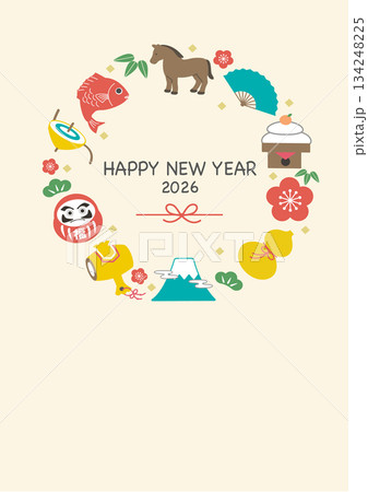 年賀状2026 　ウマと縁起物のイラスト　テンプレート 134248225