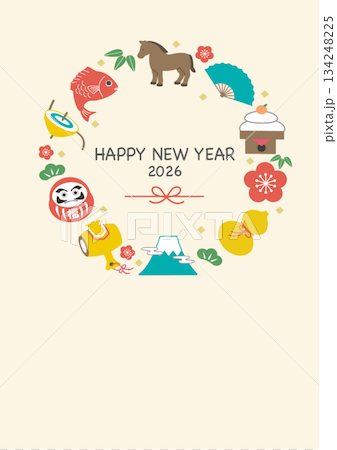 年賀状2026 　ウマと縁起物のイラスト　テンプレート 134248225