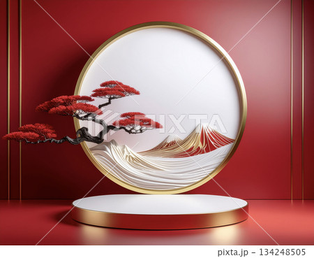 紅白グラデーションに金縁が映える祝い背景 ― 式典・記念・贈答に使える上質和風デザイン 紅白グラデーションに金縁が映える祝い背景 ― 式典・記念・贈答に使える上質和風デザイン 134248505