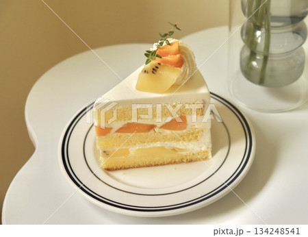 A delectable slice of cake with rich layers of cream and frosting, topped with fresh fruit or sprinkles. Perfect for dessert photography, showcasing indulgence and sweetness in food-related projects. A delectable slice of cake with rich layers of cream and frosting, topped with fresh fruit or sprinkles. Perfect for dessert photography, showcasing indulgence and sweetness in food-related projects. 134248541