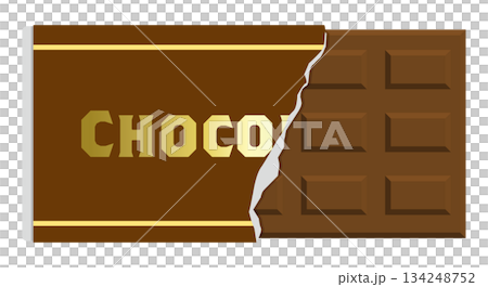 Illustration of a chocolate bar. Half-torn wrapper and chocolate. 134248752