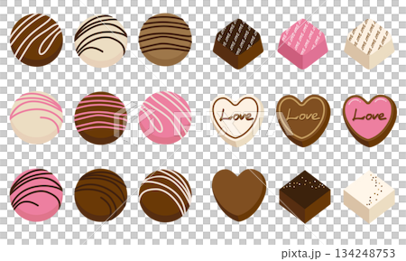 デコレーションされた、かわいいチョコレートのイラストレーションセット。 デコレーションされた、かわいいチョコレートのイラストレーションセット。 134248753