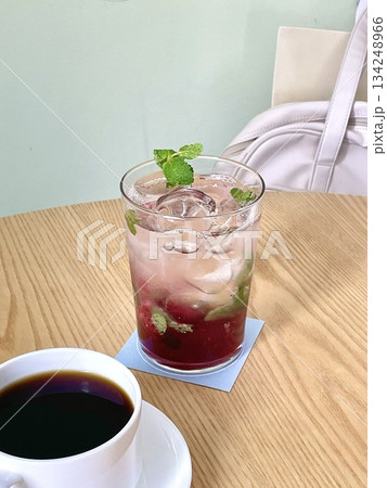 Strawberry ade is a refreshing drink made with fresh strawberries, soda water, and a hint of sweetness. Served over ice, it’s bubbly, fruity, and perfect for any occasion. 134248966