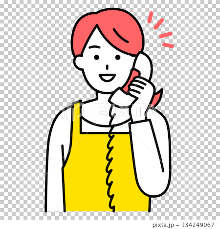 一位身穿圍裙的女士正在透過電話解決問題 134249067
