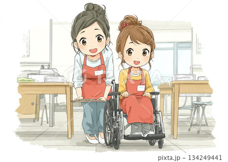 美優シリーズ：介護現場に向けた実技研修｜車椅子操作を練習する介護職員 134249441