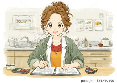 美優シリーズ：介護現場の一日の終わりに｜記録を書きながら業務を振り返るスタッフ 134249450